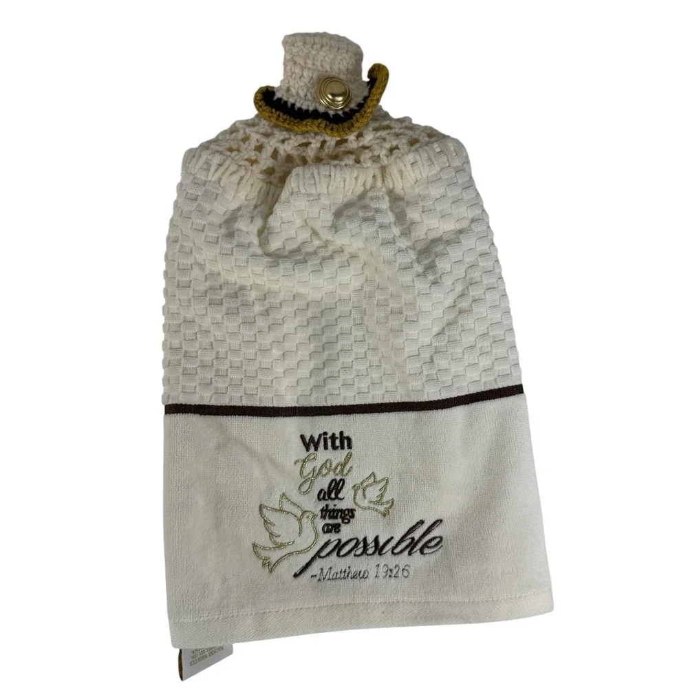 Kassa Fina Crochet Religious Cotton‎ Hand Towel Matthew 19:26 Christian Bible